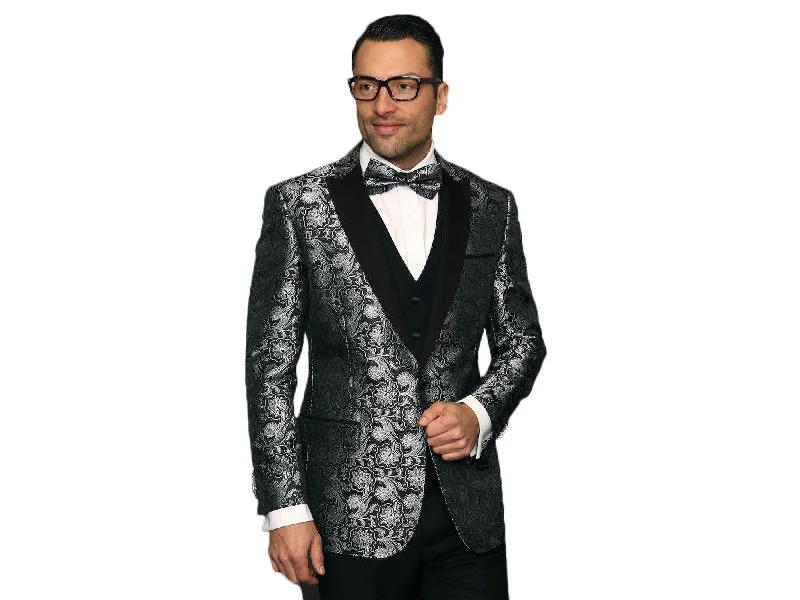 men's tailored grey tuxedo set with bowtie -Black & Grey Belagio Paisley Dinner Jacket Tuxedo Rental