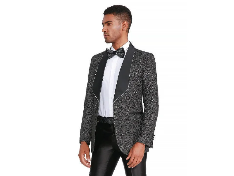 men's grey tuxedo set with pleats for business -Black Pearl Textured Shawl Luxor Tuxedo Rental