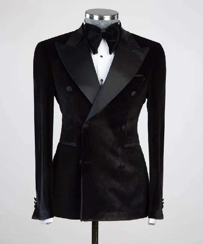 men's wedding tuxedo with satin trim -Black Velvet Double Breasted Jacket