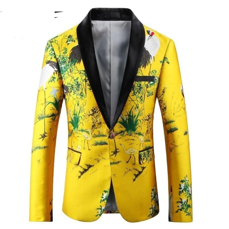 men's navy tuxedo with white shirt -Black Yellow Floral Embroidery Tuxedo Blazer Jacket