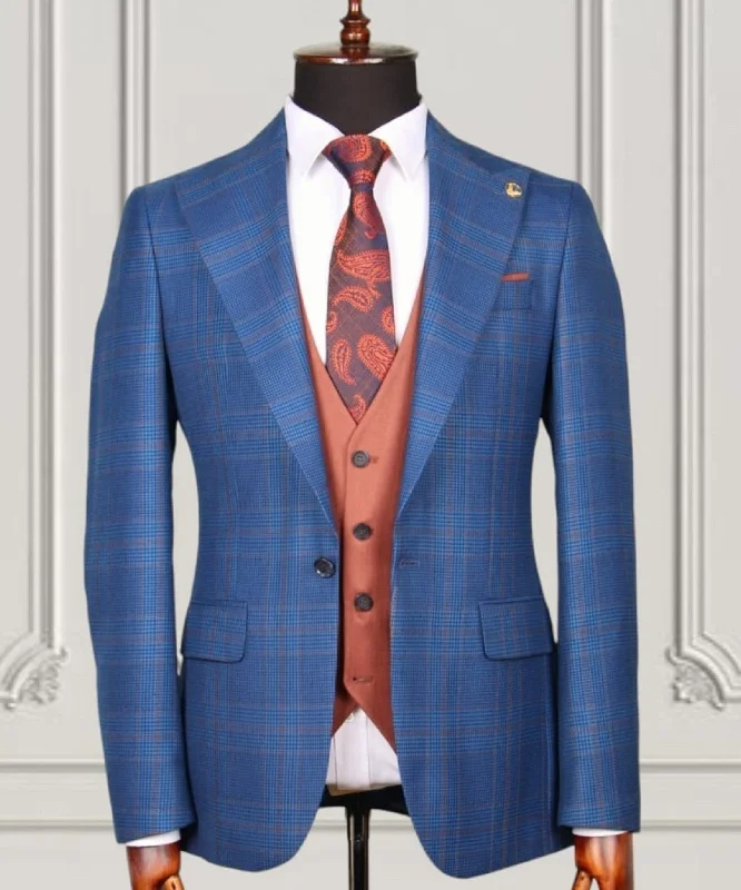 men's tailored wedding tuxedo jacket -Blue Brown Check Slim Fit Suit