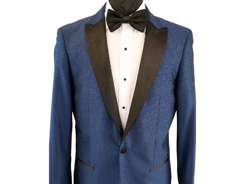 men's tailored tuxedo for business wear -Blue Chevron Texture With Black Peak Lapel Dinner Jacket Tuxedo Rental