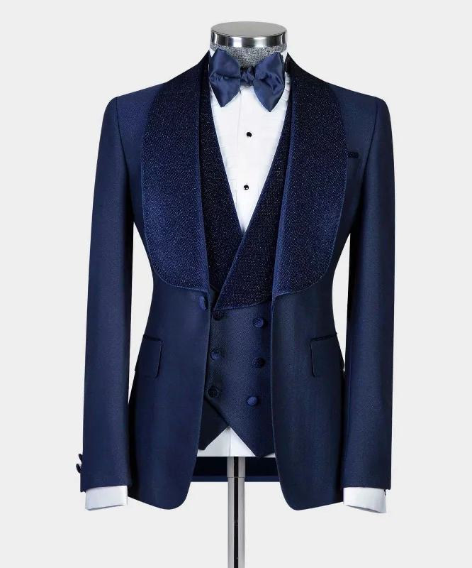 men's navy tuxedo jacket for business events -Blue Shinning Collar Tuxedo