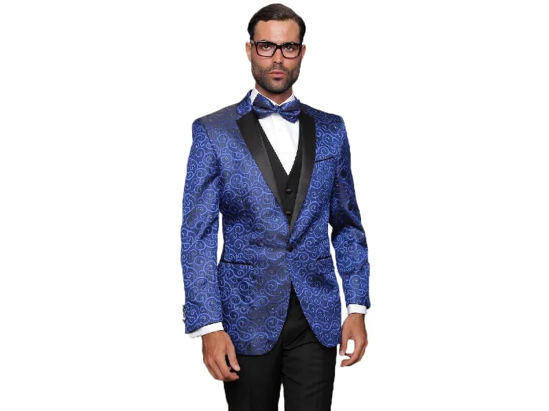 men's navy tuxedo with pleats for office -Blue Swirl Dinner Jacket Tuxedo Rental