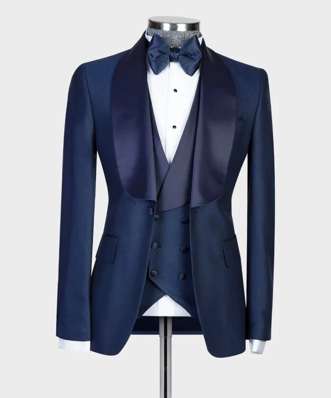 men's slim fit tuxedo with satin finish -Blue Tuxedo With Blue Shiny Lapel