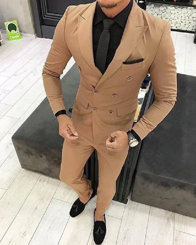 men's slim tuxedo for summer business events -Brown Double Breast Men Tuxedo /Prom Dress suits Blazer Peak Lapel 2 Pieces Jacket+pants