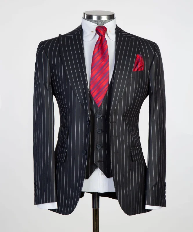 men's slim fit tuxedo for business meetings -Business Black Striped Suit