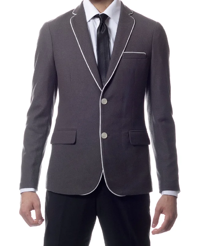 men's wool tuxedo set with black tie -Capri Grey Ultra Slim Fit Knit Mens Blazer