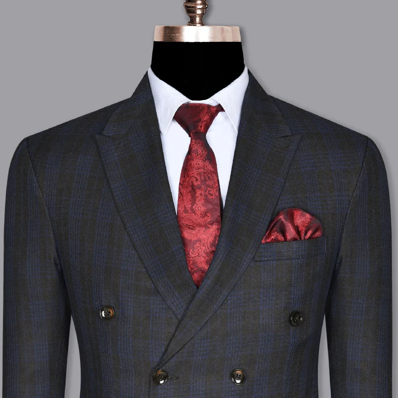 men's bespoke tuxedo suits -Charcoal Plaid Wool Blend Double Breasted Blazer