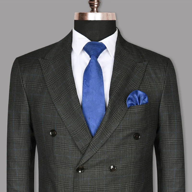 men's black tie formal tuxedo suits -Charcoal Plaid Wool Blend Double Breasted Blazer