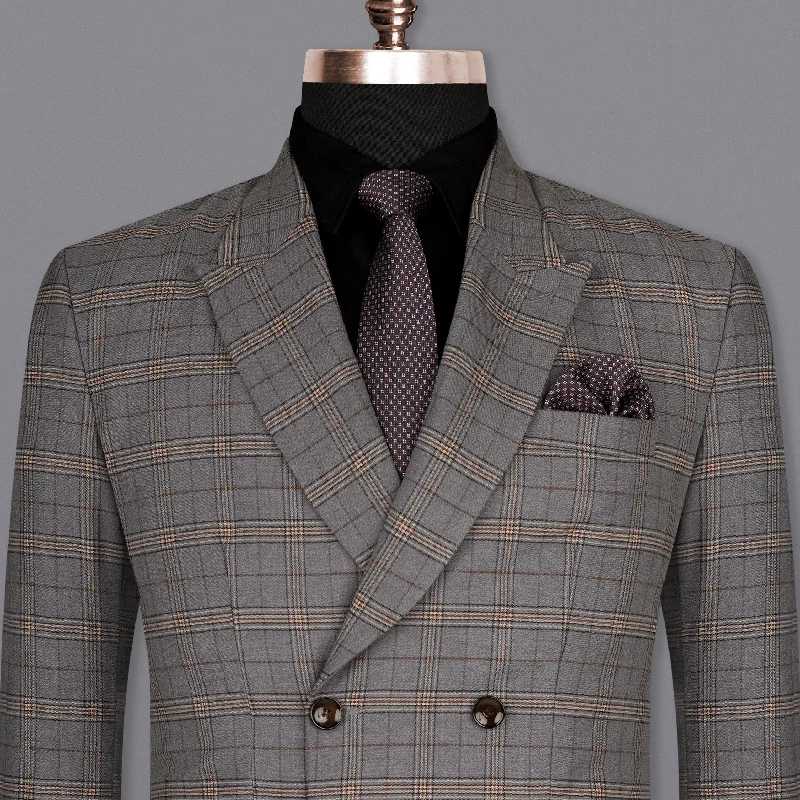 men's grey wool tuxedo with bow tie -Chicago Gray Super fine Plaid Double Breasted Wool Rich Blazer