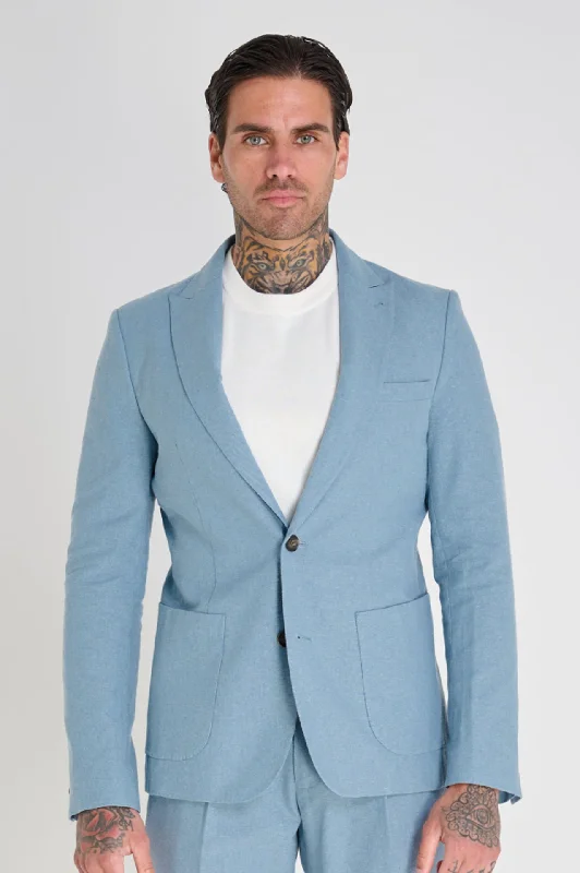 men's slim fit wool tuxedo with bowtie -Chris Slim Fit Linen Cotton Blend Single Breasted Suit Blazer in Pastel Blue