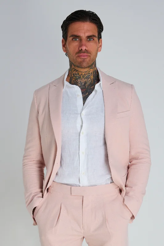 men's wedding tuxedo with satin finish -Chris Slim Fit Linen Cotton Blend Single Breasted Suit Blazer in Pink