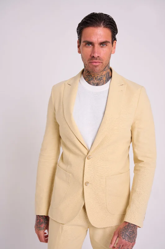 men's grey tuxedo jacket with satin finish -Chris Slim Fit Linen Cotton Blend Single Breasted Suit Blazer in Yellow