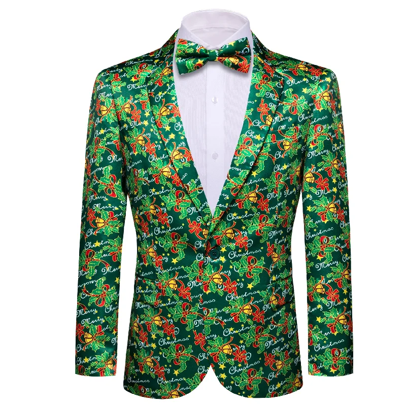 men's modern wedding tuxedo suits -Christmas Men's Green Dress Xmas pattern Suit Jacket Slim One Button Stylish Blazer