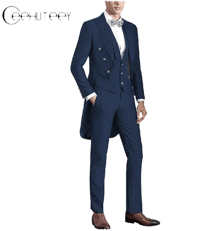 men's slim fit tuxedo jacket with pleats -Classic Men's 3 Pieces Tailcoat Slim Fit Peak Lapel Tuxedos Swallow-Tailed Coat Groomsmen (Blazer+vest+Pants)