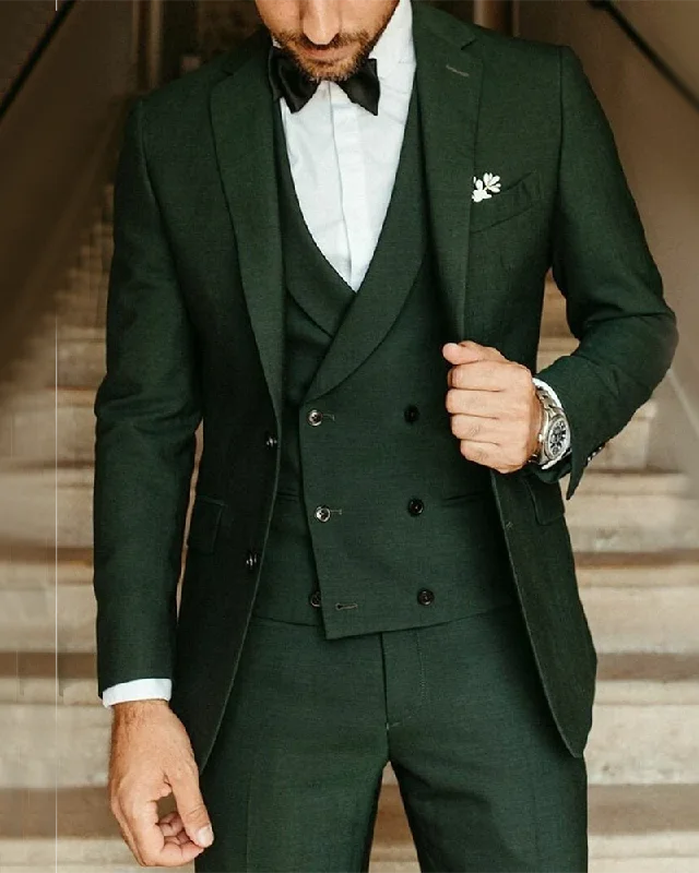 men's navy tuxedo with black tie for office -Classyby 3 Pieces Dark Forest Green Prom /Wedding Suits（Blazer + Vest + Pants）