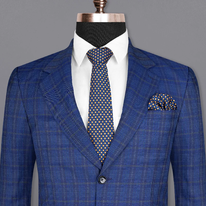 men's luxury grey tuxedo with pleated pants -Cloud Burst Blue Plaid Wool Rich Blazer