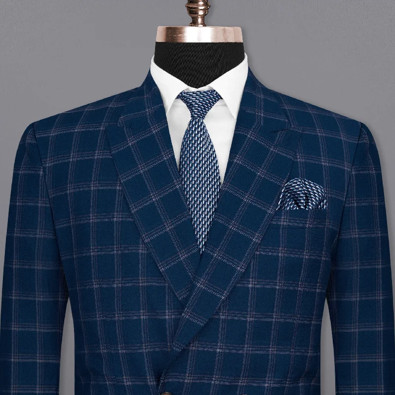 men's slim fit navy wool tuxedo -Cloud Burst Blue Super fine Windowpane Double Breasted Wool Rich Blazer