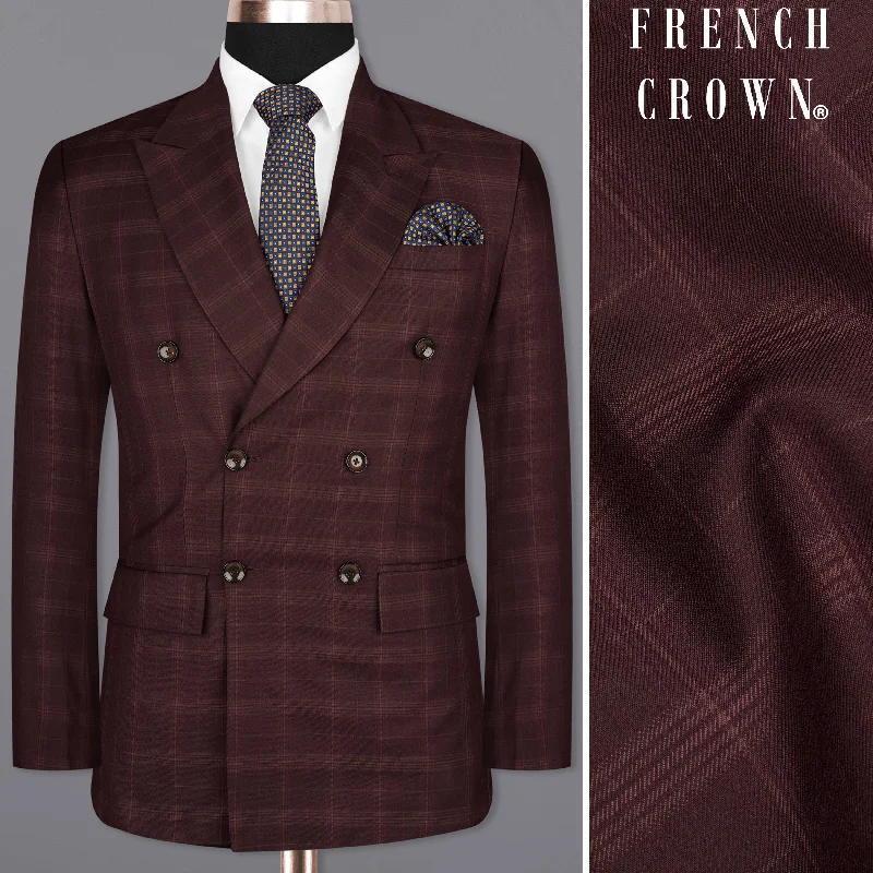 men's wool tuxedo jacket for business wear -Crater Brown Super fine Plaid Double Breasted Wool Rich Blazer