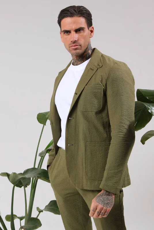 men's grey wool tuxedo with satin lapel -DEAKIN Cotton Linen Seersucker Blazer in Green