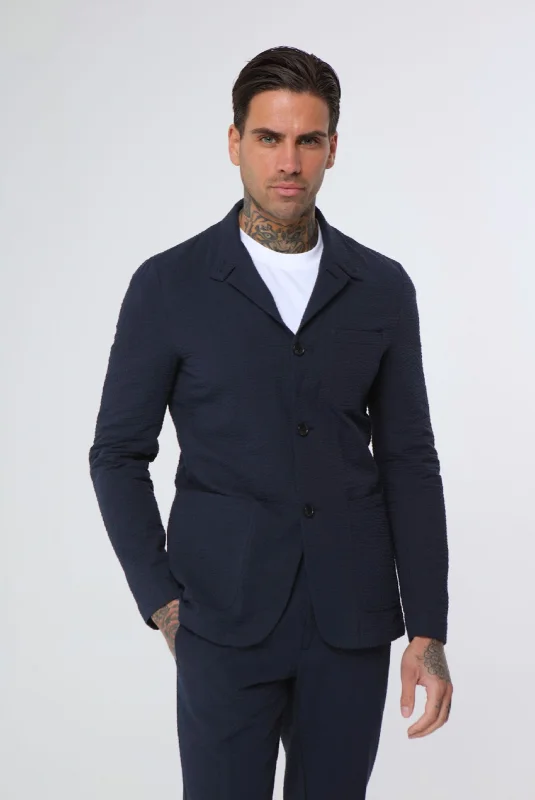 men's classic formal black suit for work -DEAKIN Cotton Linen Seersucker Blazer in Navy