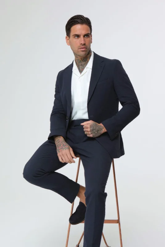 men's navy wedding tuxedo with vest -DEAKIN Cotton Linen Seersucker Blazer Navy Blue