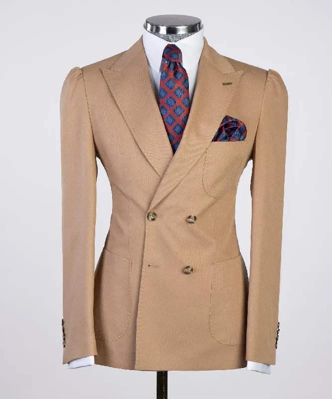 men's wool tuxedo jacket for wedding guests -Double Breasted Beige Suit