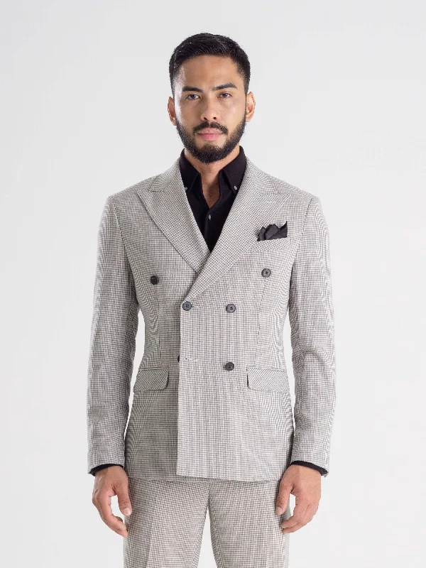 men's classic grey tuxedo jacket for wedding -Double Breasted Suit Blazer - Ash Grey Plaid (Peak Lapel)