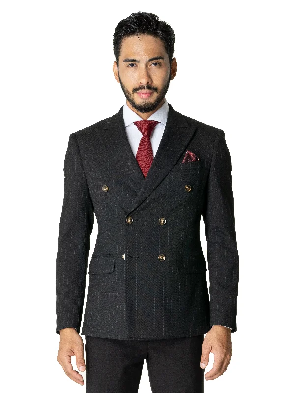 men's tailored grey tuxedo set with bowtie -Double Breasted Suit Blazer - Black Pinstripes (Peak Lapel)