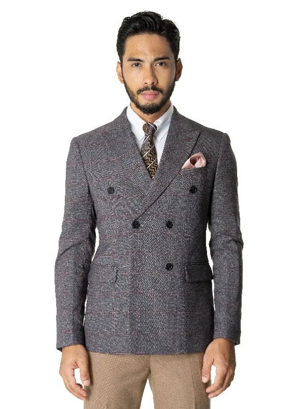 men's modern grey tuxedo with bow tie -Double Breasted Suit Blazer - Dark Grey Checkered (Peak Lapel)