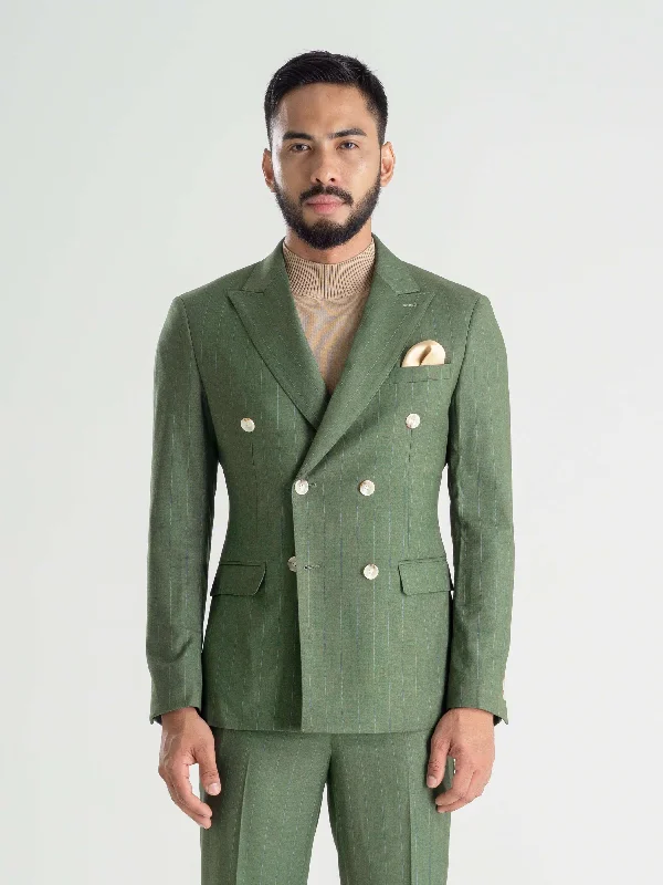 men's custom wool tuxedo set for office events -Double Breasted Suit Blazer - Moss Green Stripes (Peak Lapel)