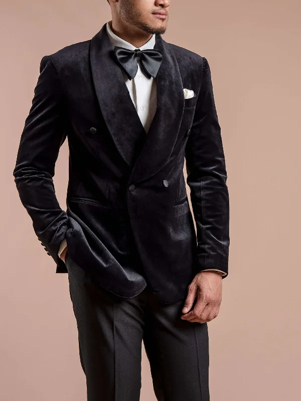 men's modern grey tuxedo with bow tie -Double Breasted Tuxedo Blazer - Velvet Black Plain (Shawl Lapel)