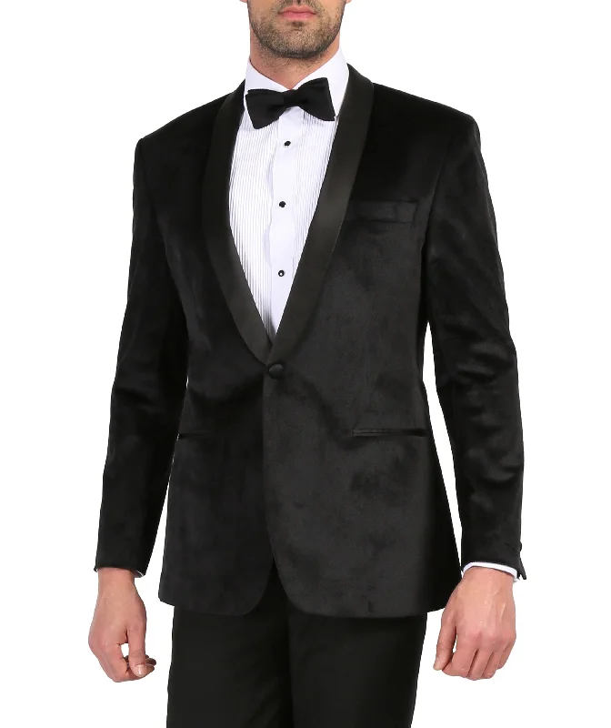 men's grey business tuxedo with satin finish -Enzo Collection-Black Slim Fit Velvet Shawl Collar Tuxedo Blazer