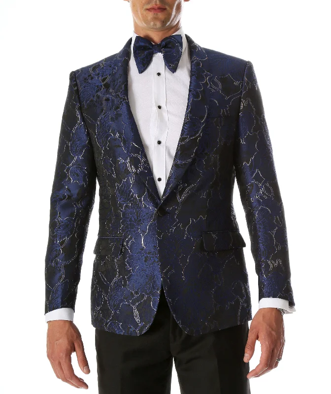 men's business tuxedo with black tie for meetings -Men's Romi Blue Modern Fit Shawl Collar Tuxedo Blazer