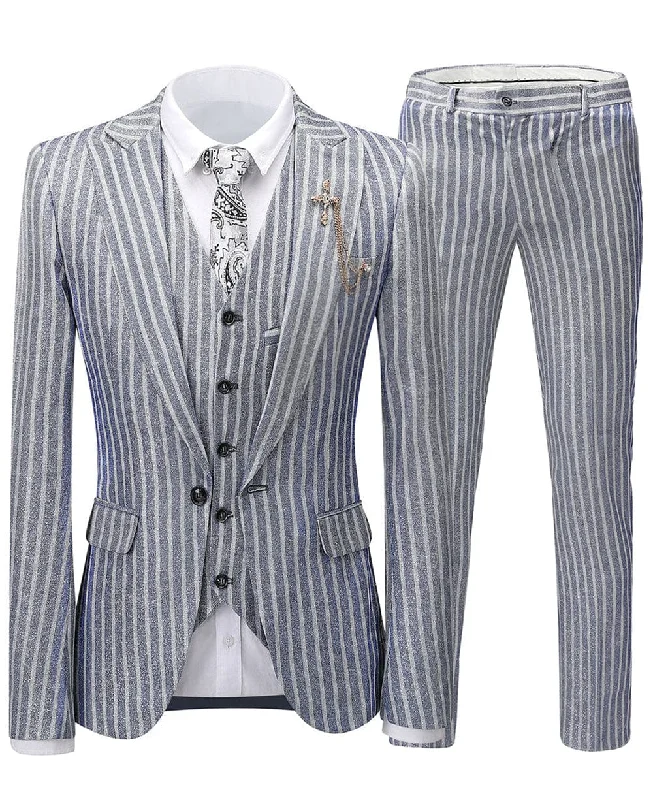 men's luxury grey tuxedo with pleated pants -Formal Grey Striped 3 Pieces Mens Suit Tuxedos (Blazer+vest+Pants)