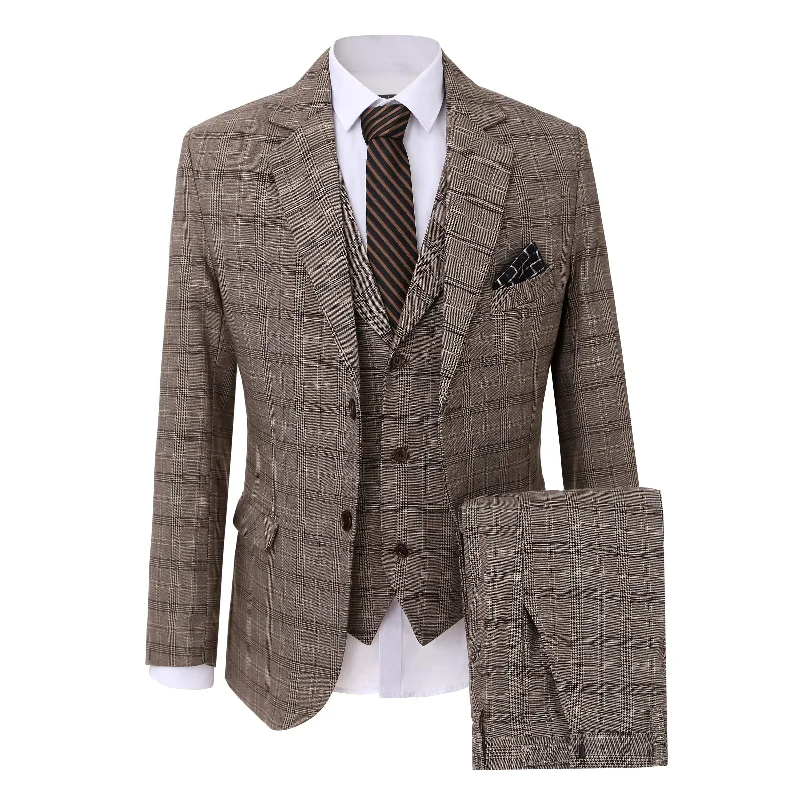 men's wool tuxedo jacket with satin lapels -Formal Men's Fashion 3 Pieces Tweed Plaid Notch Lapel Suit Men for Wedding Or Party(Blazer+vest+Pants)