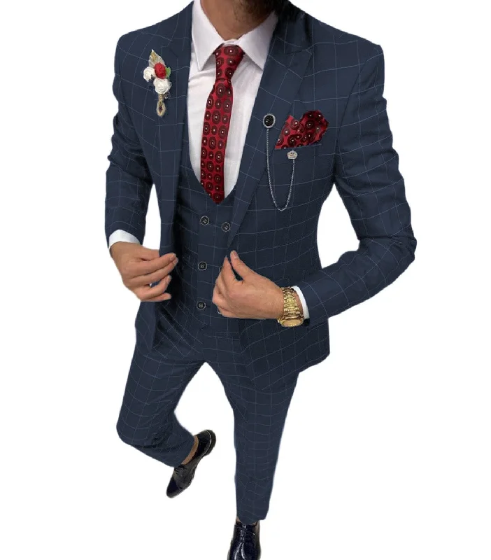 men's slim fit tuxedo with bow tie -Formal Mens Suit 3 Pieces Check Plaid  Peak Lapel Tuxedos for Wedding (Blazer+Vest+Pants)