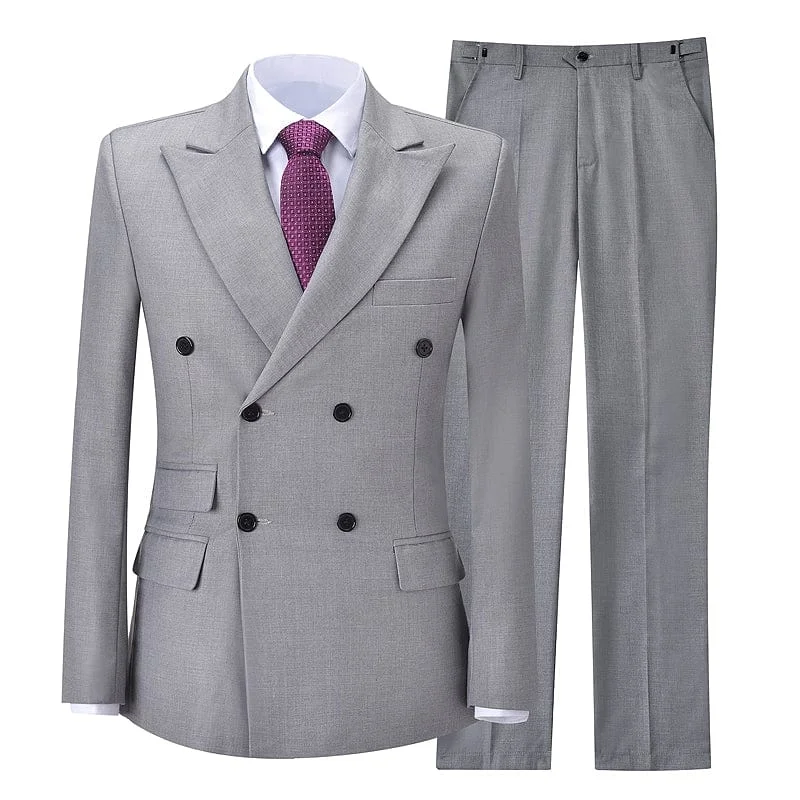 men's grey tuxedo with satin lapel for wedding -Formal Men's Suit Double Breasted 2 Piece Business Tuxedos (Blazer+Pants)