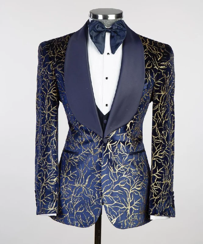 men's slim tuxedo for formal events -Golden Designed Blue Tuxedo