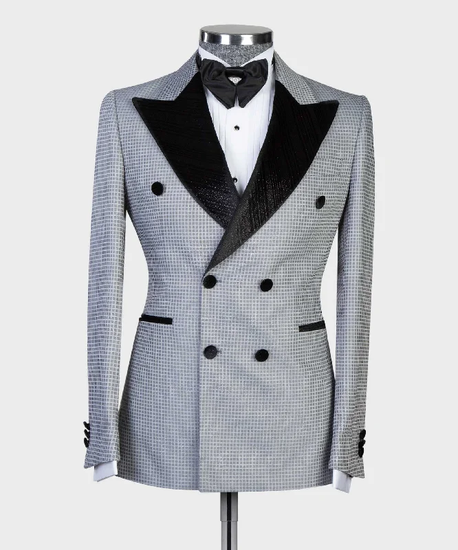 men's grey wedding tuxedo with pleats -Gray Double Breasted With  Black Lapel