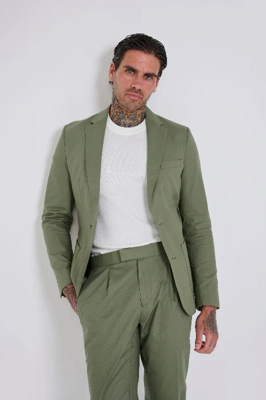 men's grey wool tuxedo with satin trim -Harry Slim Fit Paper Touch Cotton Single Breasted Suit Blazer in Green