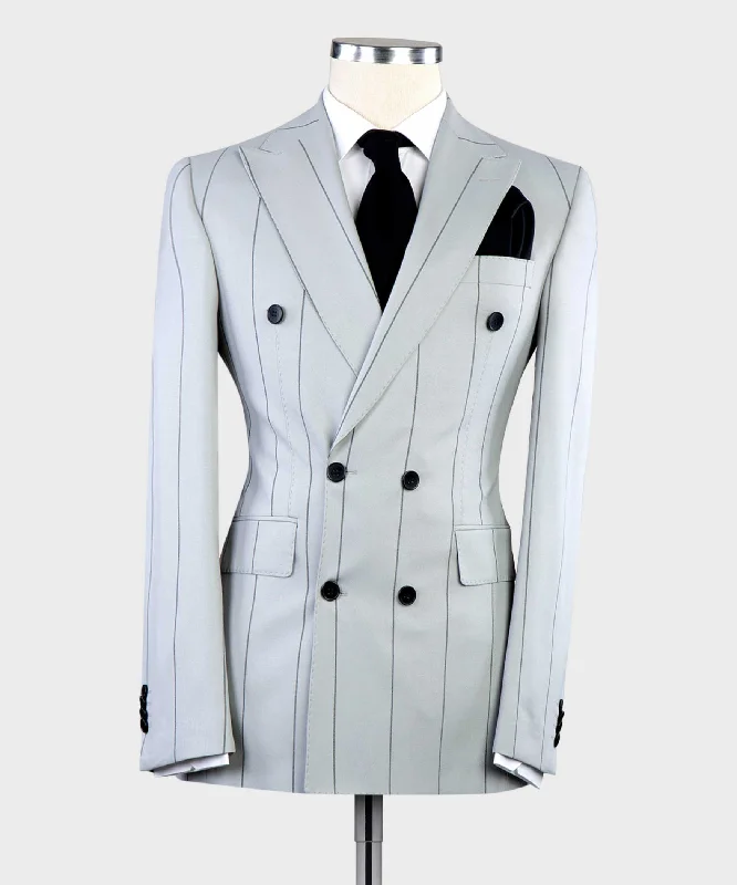 men's formal tuxedo jacket with bowtie -Light Grey Striped Suit