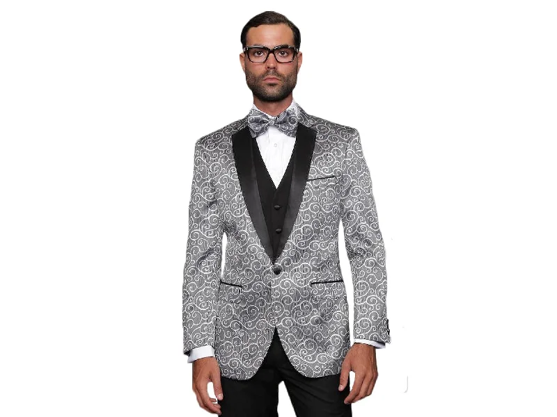 men's tailored business tuxedo for weddings -Light Grey Swirl Dinner Jacket Tuxedo Rental