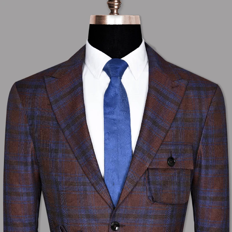 men's luxury tuxedo set for business meetings -Maroon with Royal Blue Plaid Striped Wool Tweed Blazer