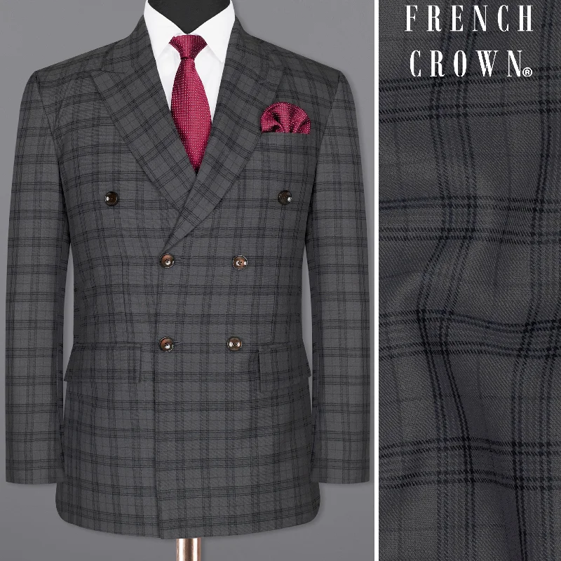 men's grey wool tuxedo for prom events -Masala Grey Plaid Double Breasted Wool Rich Blazer