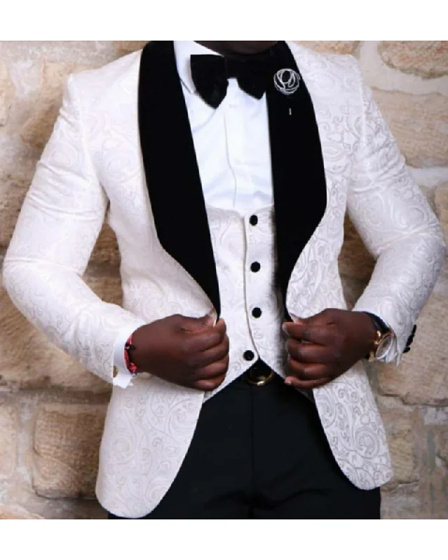 men's wedding tuxedo jacket with pleated pants -men blazer groomsmen Velvet shawl lapel groom tuxedos red white black men suits 2022 wedding jacket pants vest