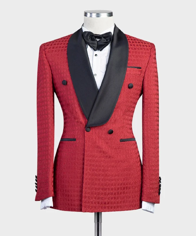 men's formal tuxedo jacket with pocket square -Men’s Red Tuxedo with Black Lapel