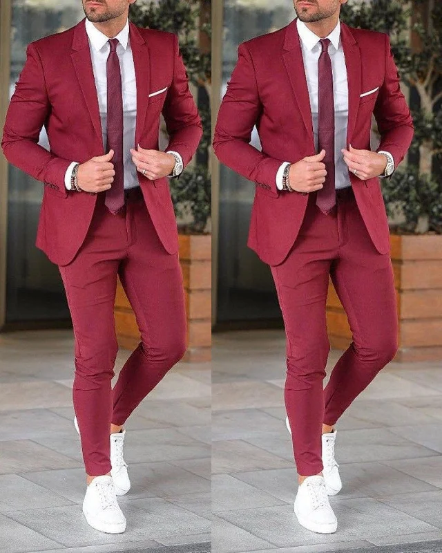 men's formal tuxedo for office and meetings -Men Suit Wedding Groomsmen  Blazer two Button New Style Slim Fit Jacket pant 2 Piece Burgundy /Blue Dress CB10321