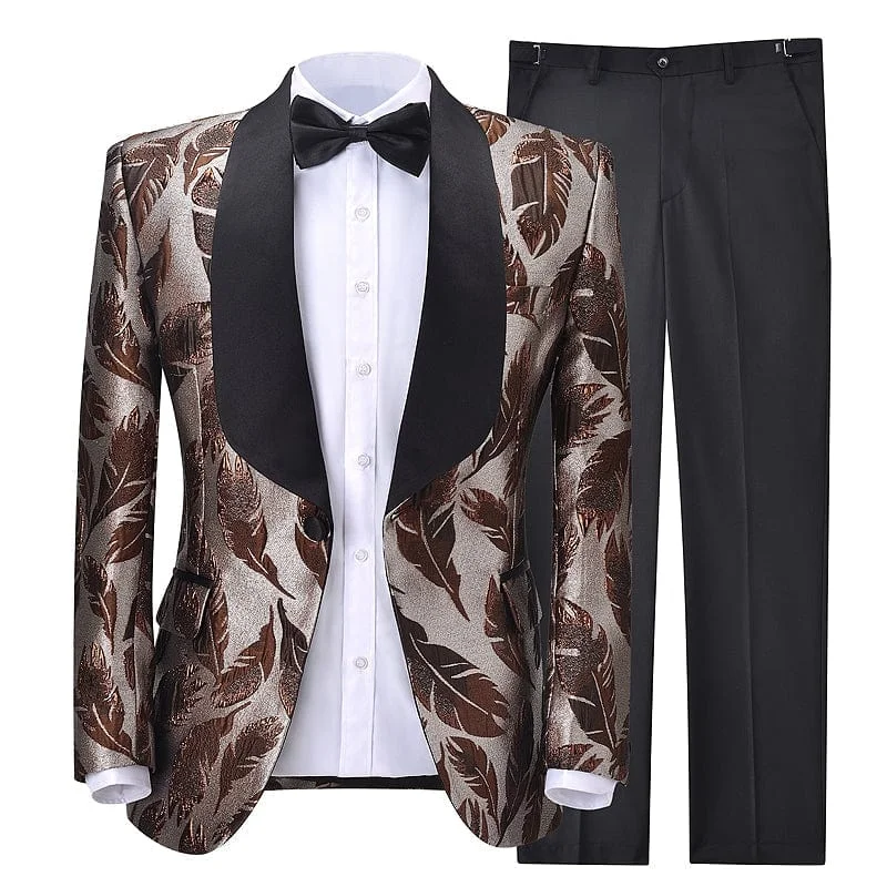 men's stylish navy tuxedo suit -Men's 2 Piece Floral patterned Tuxedo Suit Shawl Lapel (Blazer+Pants)